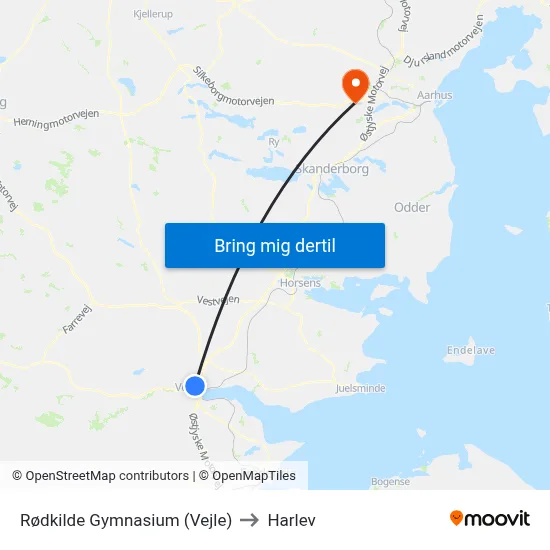 Rødkilde Gymnasium (Vejle) to Harlev map