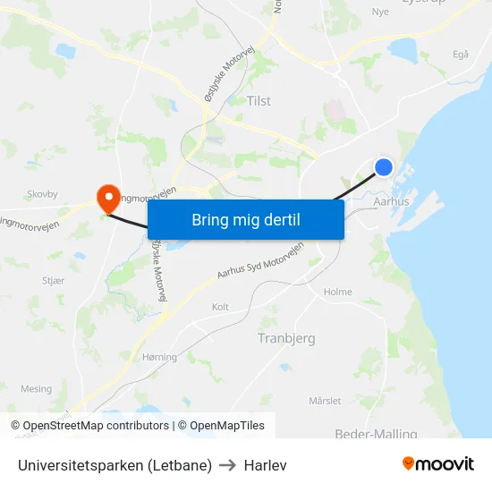 Universitetsparken (Letbane) to Harlev map