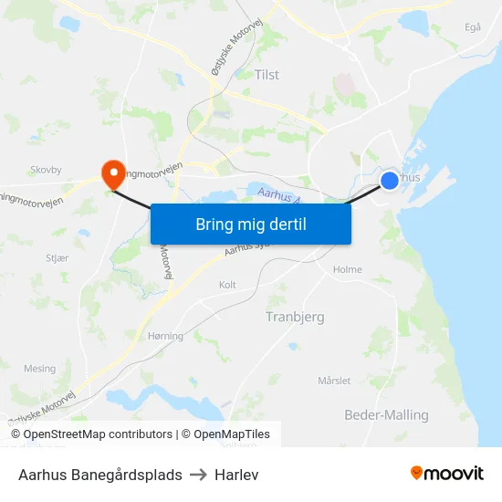 Aarhus Banegårdsplads to Harlev map