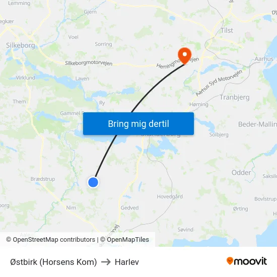 Østbirk (Horsens Kom) to Harlev map