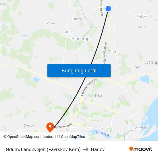Ødum/Landevejen (Favrskov Kom) to Harlev map