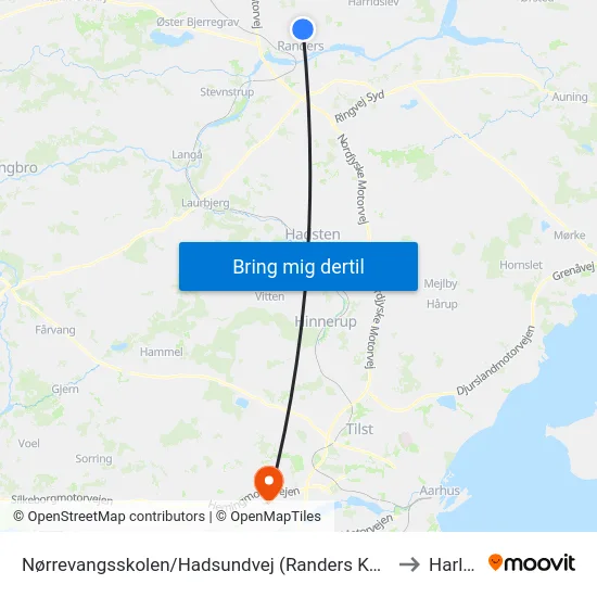 Nørrevangsskolen/Hadsundvej (Randers Kom) to Harlev map