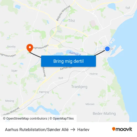 Aarhus Rutebilstation/Sønder Allé to Harlev map