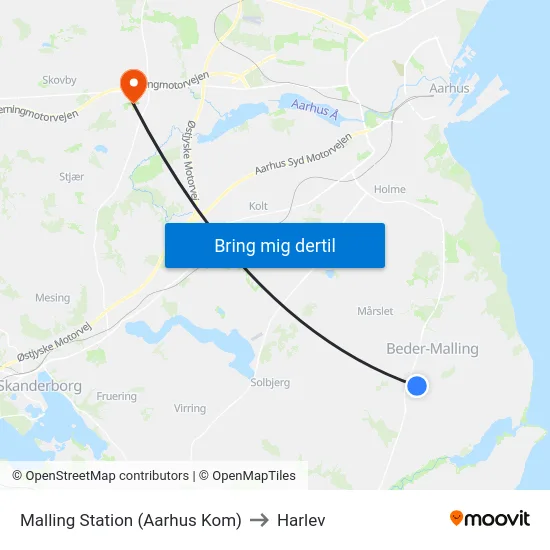 Malling Station  (Aarhus Kom) to Harlev map