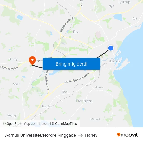 Aarhus Universitet/Nordre Ringgade to Harlev map