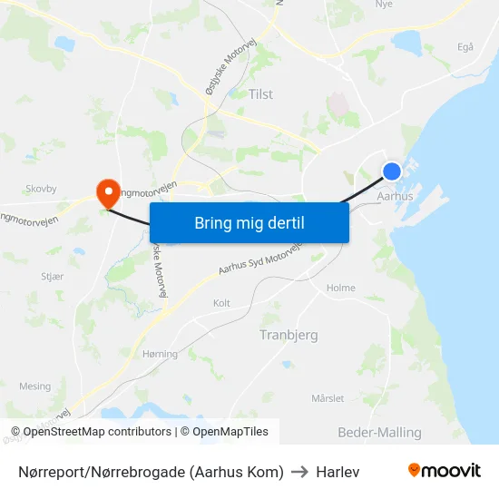 Nørreport/Nørrebrogade (Aarhus Kom) to Harlev map