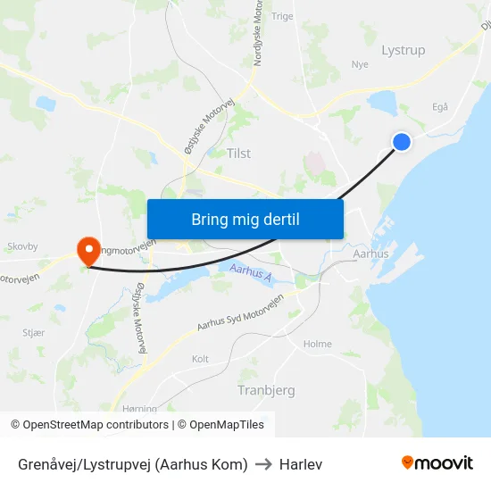 Grenåvej/Lystrupvej (Aarhus Kom) to Harlev map