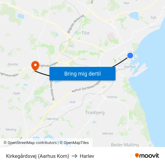 Kirkegårdsvej (Aarhus Kom) to Harlev map