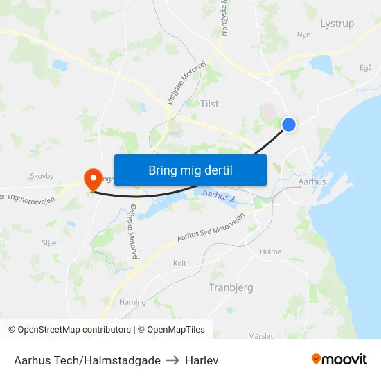 Aarhus Tech/Halmstadgade to Harlev map