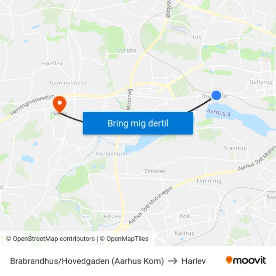 Brabrandhus/Hovedgaden (Aarhus Kom) to Harlev map