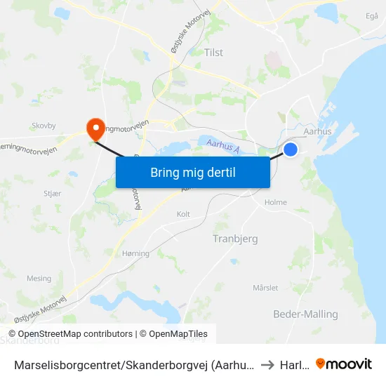 Marselisborgcentret/Skanderborgvej (Aarhus Kom) to Harlev map