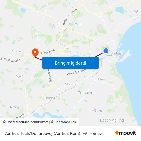 Aarhus Tech/Dollerupvej (Aarhus Kom) to Harlev map