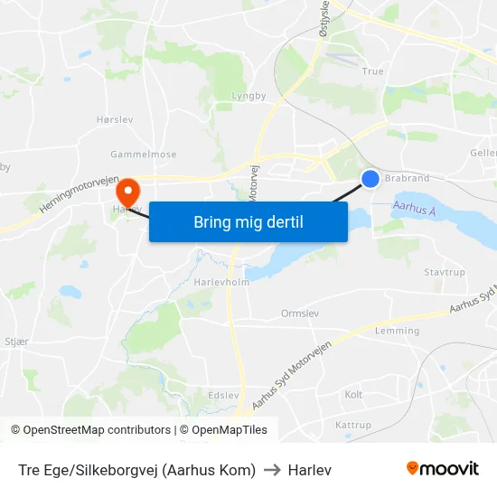 Tre Ege/Silkeborgvej (Aarhus Kom) to Harlev map