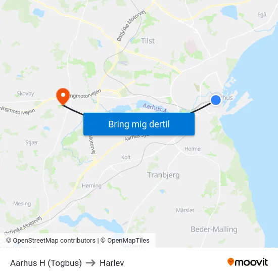 Aarhus H (Togbus) to Harlev map