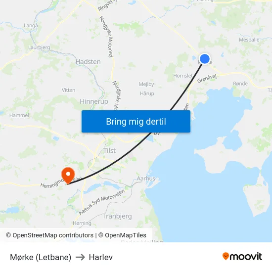 Mørke (Letbane) to Harlev map