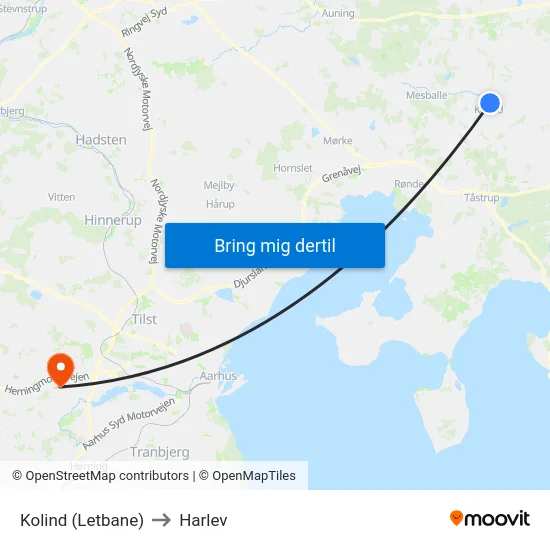 Kolind (Letbane) to Harlev map