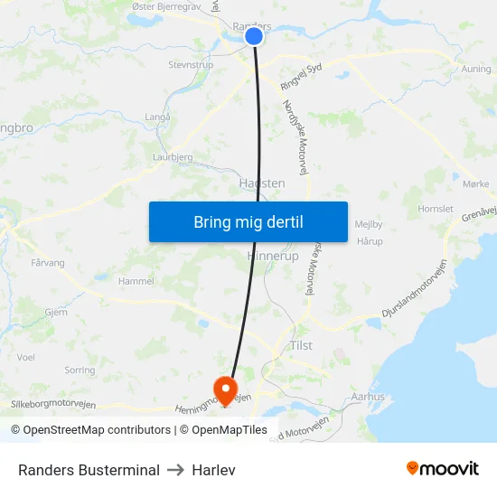 Randers Busterminal to Harlev map