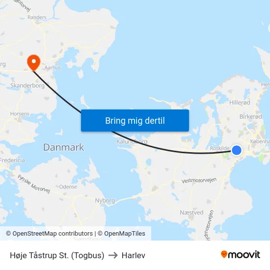 Høje Tåstrup St. (Togbus) to Harlev map