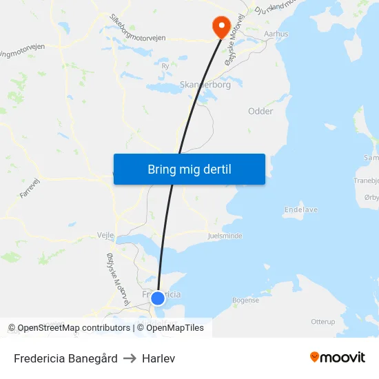 Fredericia Banegård to Harlev map