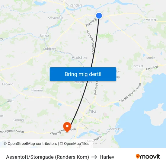 Assentoft/Storegade (Randers Kom) to Harlev map