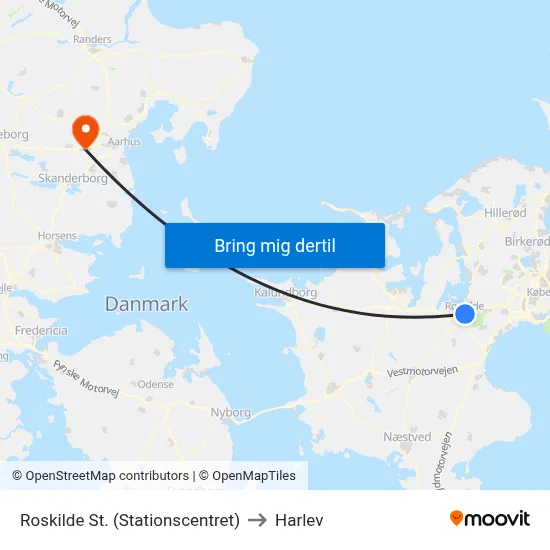 Roskilde St. (Stationscentret) to Harlev map