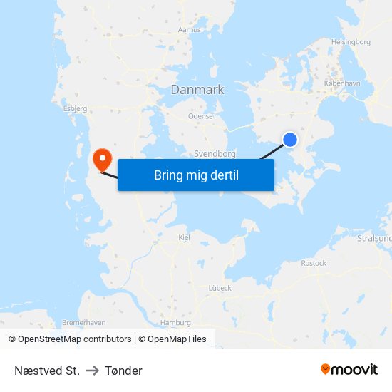 Næstved St. to Tønder map