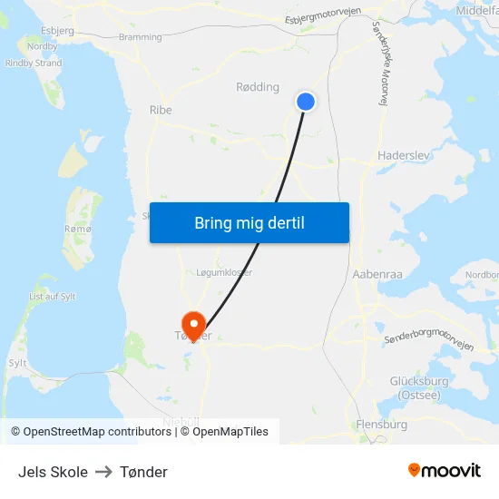 Jels Skole to Tønder map