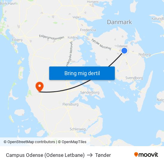 Campus Odense (Odense Letbane) to Tønder map