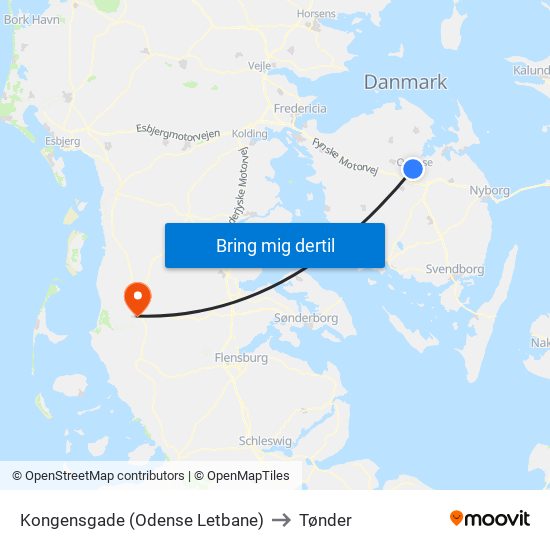 Kongensgade (Odense Letbane) to Tønder map