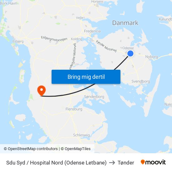 Sdu Syd / Hospital Nord (Odense Letbane) to Tønder map