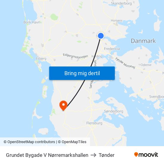 Grundet Bygade V Nørremarkshallen to Tønder map
