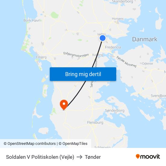 Soldalen V Politiskolen (Vejle) to Tønder map