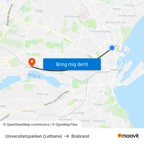 Universitetsparken (Letbane) to Brabrand map