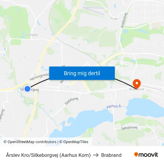 Årslev Kro/Silkeborgvej (Aarhus Kom) to Brabrand map