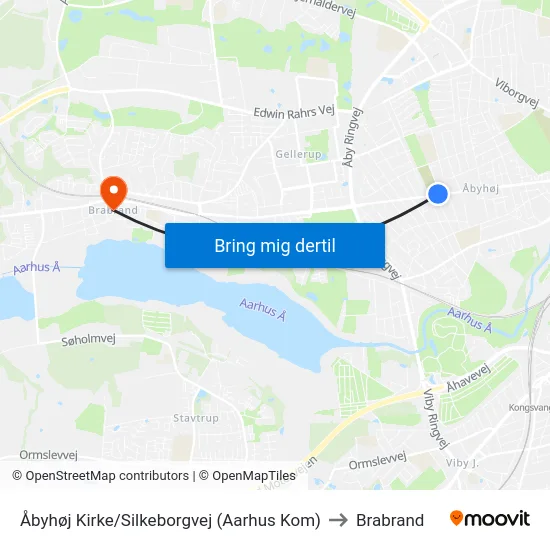 Åbyhøj Kirke/Silkeborgvej (Aarhus Kom) to Brabrand map