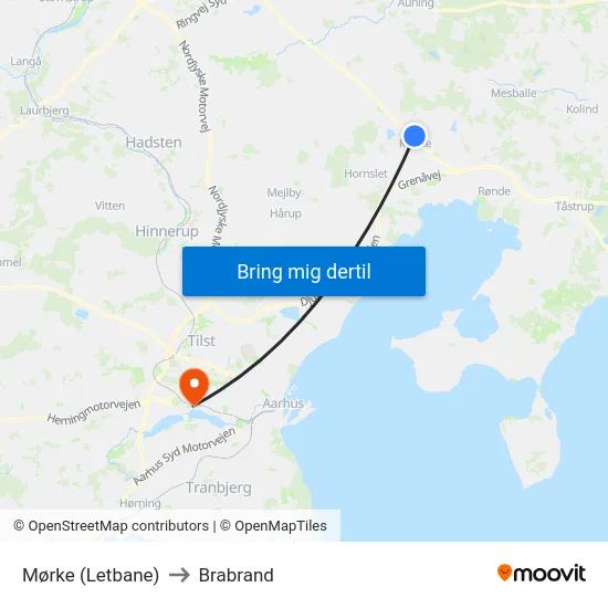 Mørke (Letbane) to Brabrand map