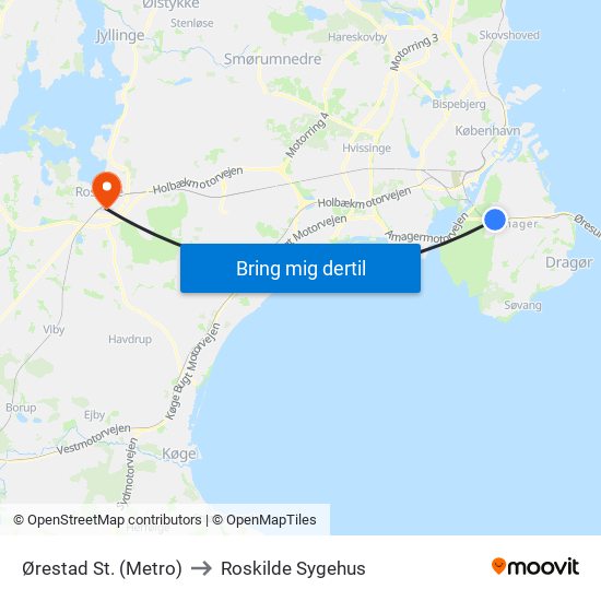 Ørestad St. (Metro) to Roskilde Sygehus map
