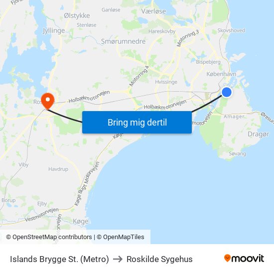 Islands Brygge St. (Metro) to Roskilde Sygehus map