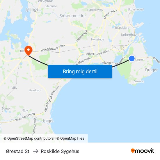 Ørestad St. to Roskilde Sygehus map