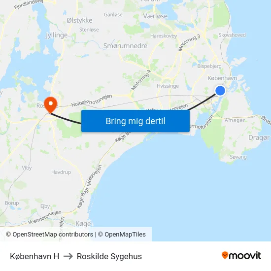 København H to Roskilde Sygehus map