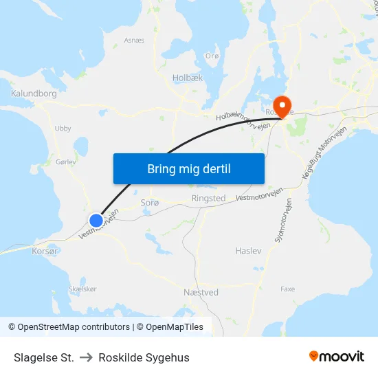 Slagelse St. to Roskilde Sygehus map