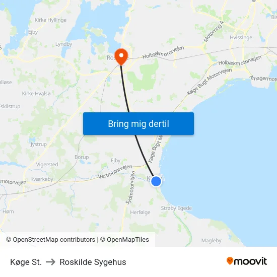 Køge St. to Roskilde Sygehus map