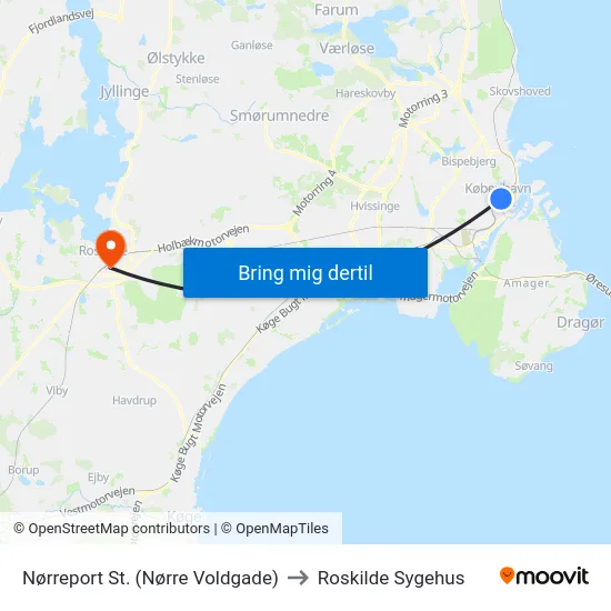Nørreport St. (Nørre Voldgade) to Roskilde Sygehus map