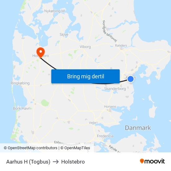 Aarhus H (Togbus) to Holstebro map