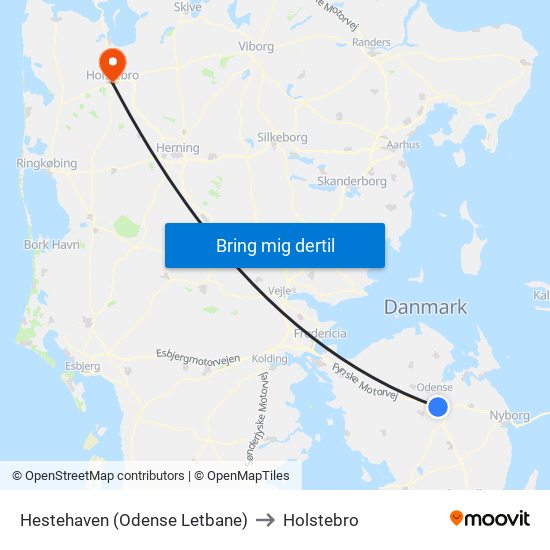 Hestehaven (Odense Letbane) to Holstebro map