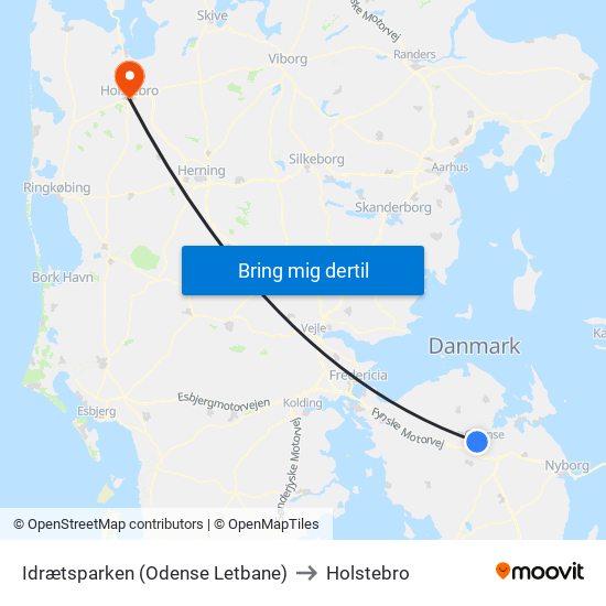 Idrætsparken (Odense Letbane) to Holstebro map