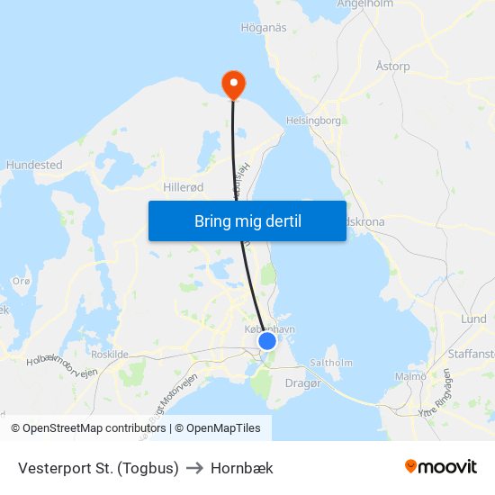 Vesterport St. (Togbus) to Hornbæk map