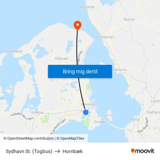 Sydhavn St. (Togbus) to Hornbæk map