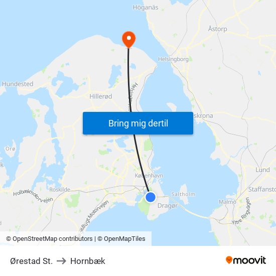 Ørestad St. to Hornbæk map