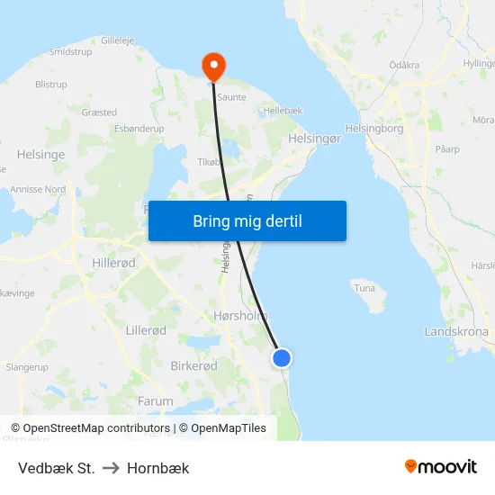 Vedbæk St. to Hornbæk map